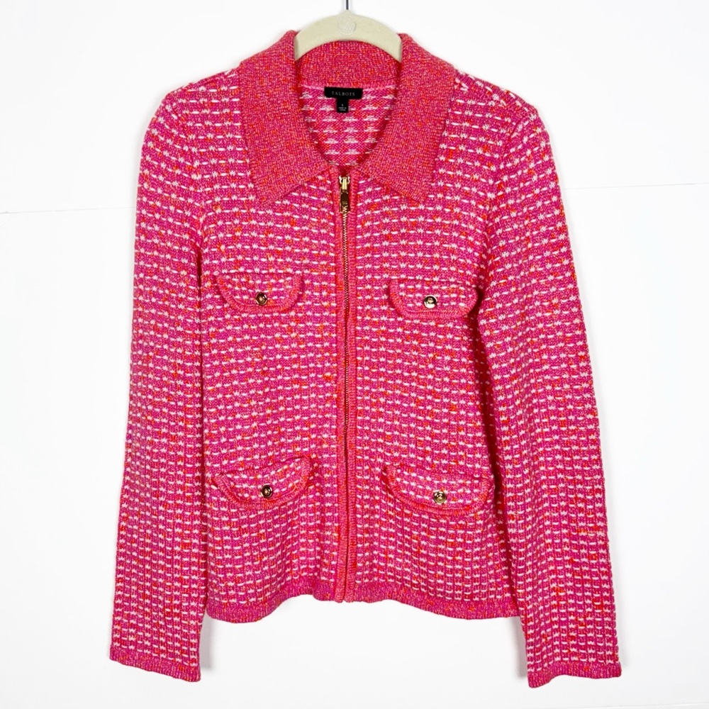 Talbots Collared Zip Cardigan Dash Stripe Pink Orange Size Small Classic